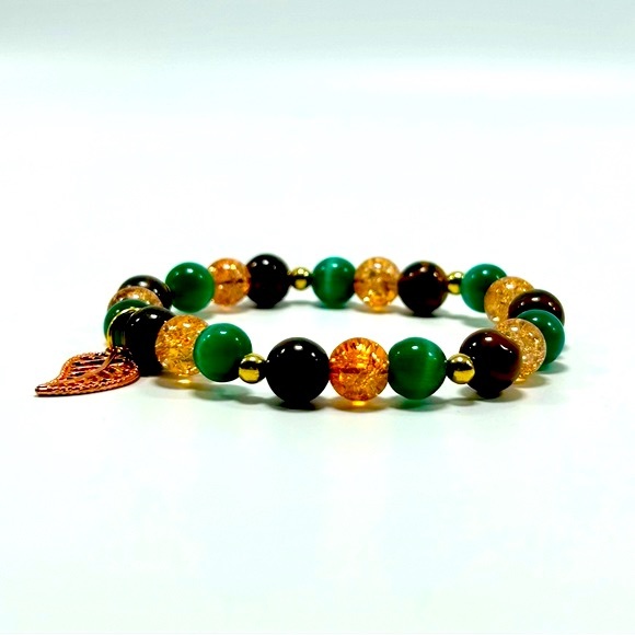 Handmade Fall Leaf Charm Bracelet Featuring Natural Cat Eye & Tiger Eye Stones! - Picture 4 of 4